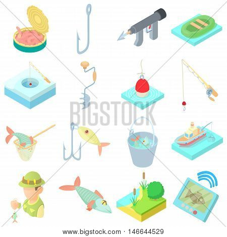Fishing icons set in cartoon style. Fisher equipment set collection vector illustration