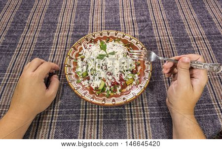Eating Traditional Shopska Salad