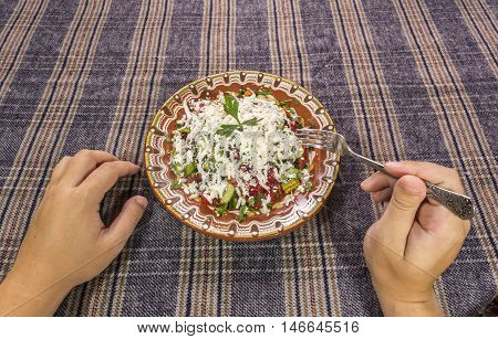 Eating Traditional Shopska Salad