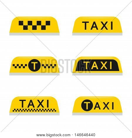 Taxi light sign vector set isolated from the background in a flat style. Yellow taxi checkered lamp and text for car roof.