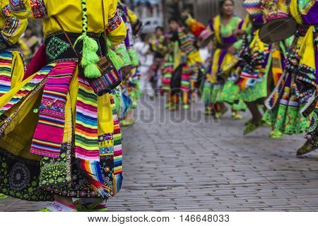 Cusco - Peru - June 06, 2016 : Peruvian Dancers At The Parade In Cusco. People In Traditional Clothe
