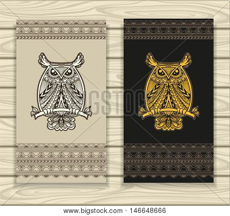 Set Template banners or Case for glasses or mobile phones with Owl and ornament in Zen doodle style gold beige brown or for wallpaper or for decorate package clothes
