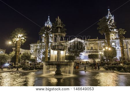 Arequipa, Peru - May 06, 2016: Colonial Houses On Plaza De Armas Square In Arequipa, Peru