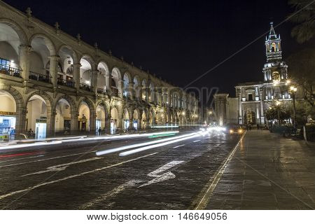 Arequipa, Peru - May 06, 2016: Colonial Houses On Plaza De Armas Square In Arequipa, Peru