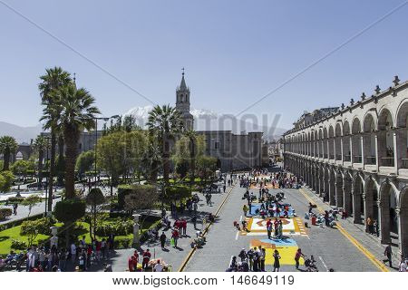 Arequipa, Peru - May 06, 2016: Corpus Christi On Plaza De Armas Square In Arequipa, Peru