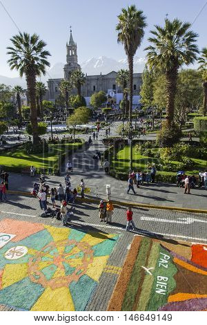 Arequipa, Peru - May 06, 2016: Corpus Christi On Plaza De Armas Square In Arequipa, Peru