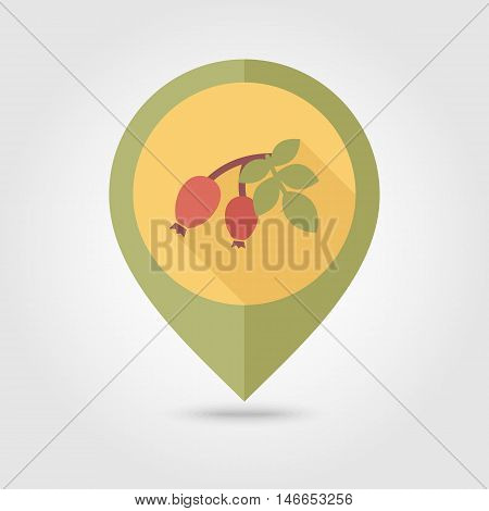 Rosehip branch with red berries flat vector pin map icon. Map pointer. Map markers. Berry fruit. Vector illustration eps 10