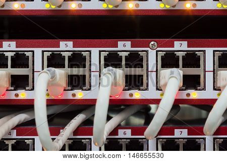 Local area network switch (LAN) ethernet cables on panel board