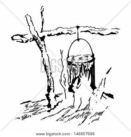Tourists kettle on hot campfire. Hand drawn illustration on white background
