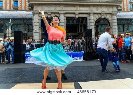 MOSCOW RUSSIA - SEPTEMBER 10 2016: Moscow City Day 869 anniversary of the city. Performance on Tverskaya Street. Installation dedicated to the 