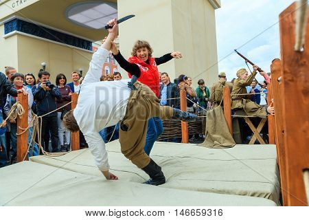 MOSCOW RUSSIA - SEPTEMBER 10 2016: Moscow City Day 869 anniversary of the city. Performance on Tverskaya Street. Installation dedicated to the 