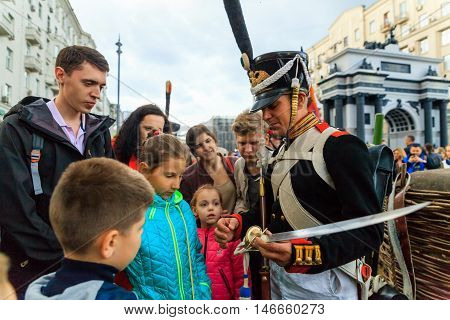 MOSCOW RUSSIA - SEPTEMBER 10 2016: Moscow City Day 869 anniversary of the city. Performance on Tverskaya Street. Installation dedicated to the 