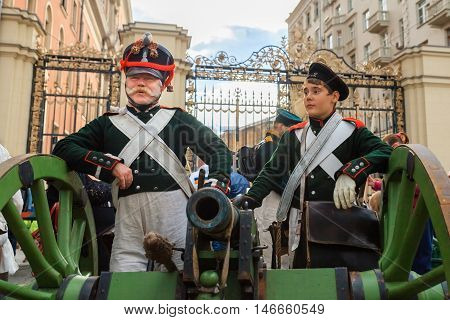 MOSCOW RUSSIA - SEPTEMBER 10 2016: Moscow City Day 869 anniversary of the city. Performance on Tverskaya Street. Installation dedicated to the "World and war" cinema.