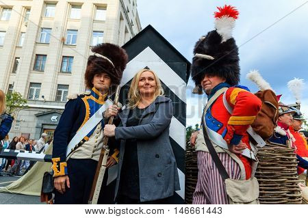 MOSCOW RUSSIA - SEPTEMBER 10 2016: Moscow City Day 869 anniversary of the city. Performance on Tverskaya Street. Installation dedicated to the 