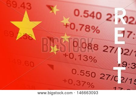 Inscription REIT. China flag, with the financial data in the background.