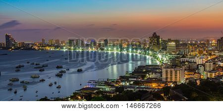 Pattaya city and sea at twilight time Thailand