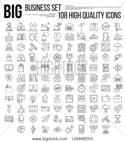 Business icons. Start up and management signs. Safe, wallet, archive, career ladder, key to success, money magnet and other things. Line art vector illustration.