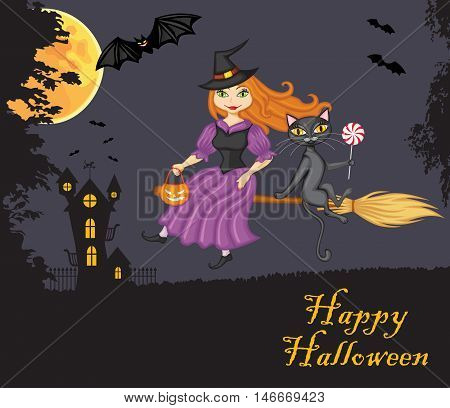 Witch and a cat flying on a broom against the night sky the terrible home and vampires