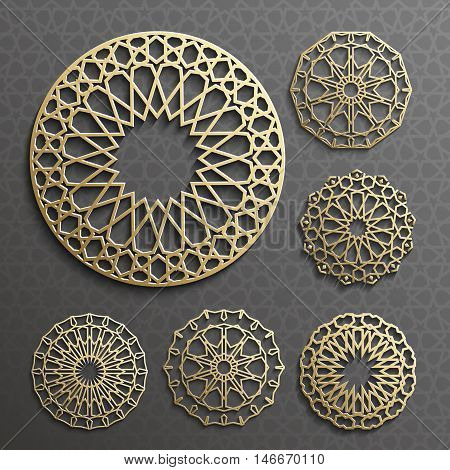 Islamic ornament vector , persian motiff . 3d ramadan islamic round pattern elements . Geometric logo template set. Circular ornamental arabic symbols .