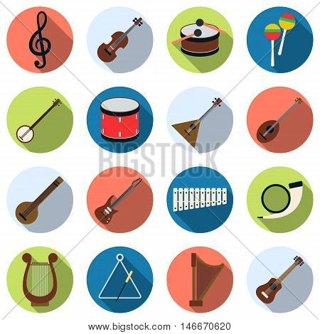 Musical instruments flat design style with long shadows vector icons