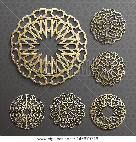 Islamic ornament vector , persian motiff . 3d ramadan islamic round pattern elements . Geometric logo template set. Circular ornamental arabic symbols .