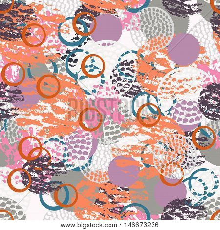 Colorful grunge abstract seamless pattern with different shabby round shapes. Infinity textured circles background. Vector illustration