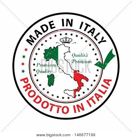 Made in Italy, Premium Quality (text written Italian language - Prodotto in Italia) grunge stamp with the map and the national flag colors. Print colors (CMYK) used