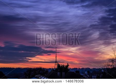 Crystal Palace transmitting station at dusk, Bromley, London, UK