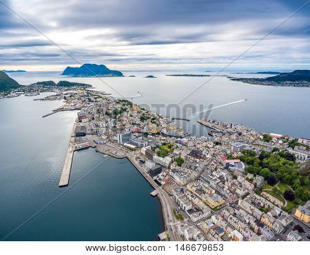 Aksla at the city of Alesund , Norway aerial photography