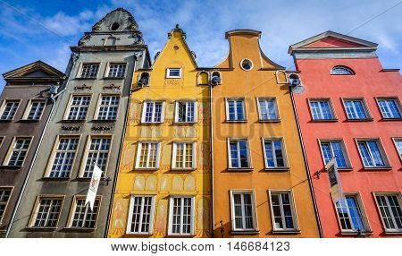 Gdansk, Poland - Sep 11, 2015. Colorful Flemish Houses on Ulica Dluga Gdansk Poland