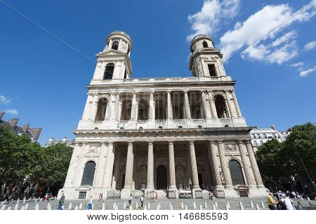 PARIS FRANCE -12 AUGUST 2016- The Eglise Saint-Sulpice is a Roman Catholic church located in the 6th arrondissement of Paris near the Rue Bonaparte and the Luxembourg Gardens.