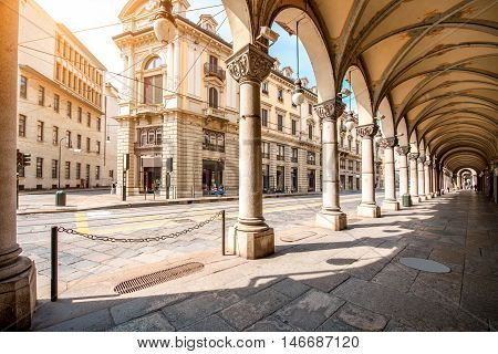 Central street with beautiful buildings in Turin city in Piedmont region in Italy