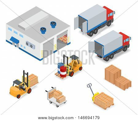 Loading or unloading a truck in the warehouse. Forklifts move the cargo. Warehouse equipment. Isometric vector illustration.