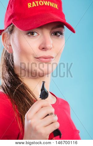 Lifeguard Woman In Cap On Duty With Whistle.