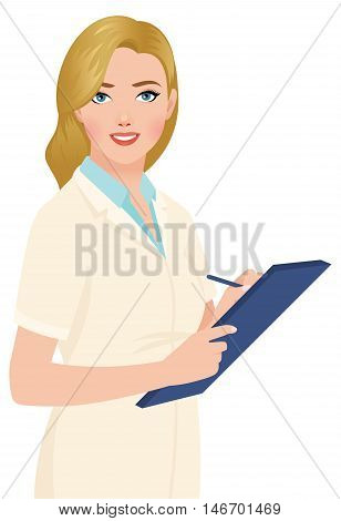 Stock vector illustration of a blonde woman portrait of a doctor with a tablet in hands