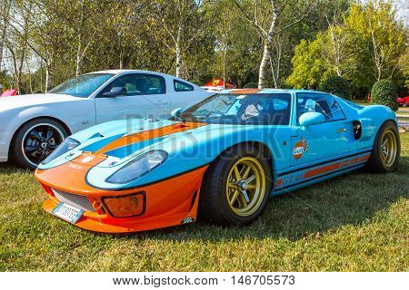Mogliano VenetoItaly Sept 112016:Photo of Ford GT40 Gulf at meeting Top Selection 2016. Is a high performance American-British endurance racing car designed and built in England and in the United States and powered by a series of American-built engines.