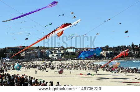 Bondi beach Sydney Australia - Sept 11 2016. Kite flyers and tourists attend the annual kite flying festival at Bondi Beach Sydney. Festival of the Winds.