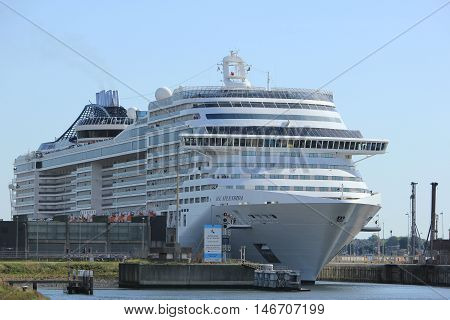 Ijmuiden The Netherlands - September 10th 2016: MSC Splendida a cruise ship owned and operated by MSC Cruises in sea lock IJmuiden