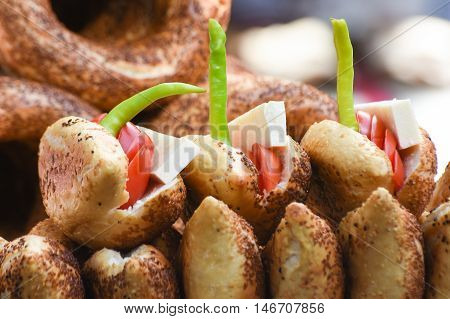 Sandwich (Turkish name is Kumru) and Turkish Traditional Bakery Bagel, Turkish donut, called as Simit in Turkish