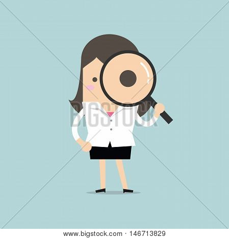 Businesswoman looking through a magnifying glass vector