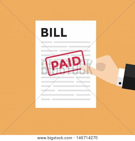 Hand holding a sheet of paper with Bill headline and paid stamp