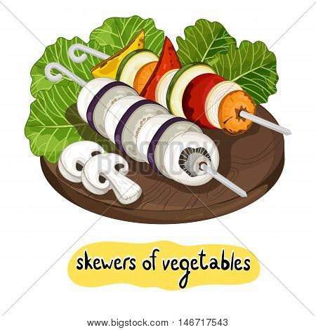 Grilled vegetables on cutting board isolated on white background vector illustration. Roasted veggie food. Assorted vegetables barbecue. Grilled vegetable icon. BBQ vegetable. Barbecue food concet.