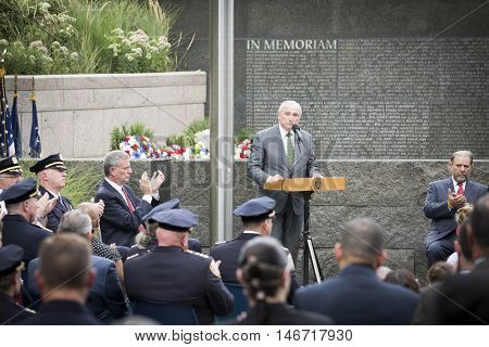 NEW YORK - SEPT 9 2016: New York Police Commissioner William Bratton speaks at the NYPD Emerald Society Pipe and Drums 9/11 Memorial Commemoration Service on the 15th anniversary of the terror attack.