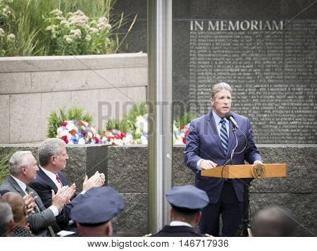NEW YORK - SEPT 9 2016: New York PBA President Pat Lynch speaks at the NYPD Emerald Society Pipe and Drums 9/11 Memorial Commemoration Service marking the 15th anniversary of the terror attacks.
