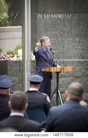 NEW YORK - SEPT 9 2016: New York PBA President Pat Lynch speaks at the NYPD Emerald Society Pipe and Drums 9/11 Memorial Commemoration Service marking the 15th anniversary of the terror attacks.