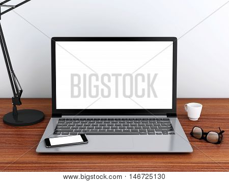 3D illustration. Modern workspace with blank screen laptop pc. Mock up.