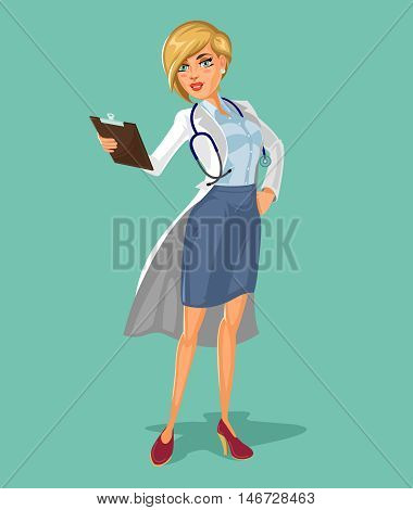 Vector 3d doctor woman holding clipboard in hand