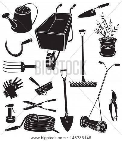 Black and white vector illustration with agriculture objects. Silhouettes of gardening tools hose watering can forks mower pruning shears scissors a potted plant rake gloves hammer hoe isolated on white background