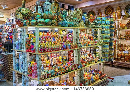 St Perersburg Russia - April 5 2016: typical russian traditional souvenir store