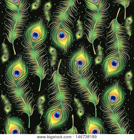 Peacock feather on black background seamless pattern. Vector illustration